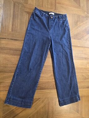 Nic + Zoe Wide Leg Denim Jeans Sz 8 / 28 Elastic Stretch Waist Dark Wash Blue